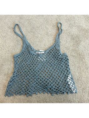 Zara blue crochet knit spaghetti strap tank top slightly cropped NWT